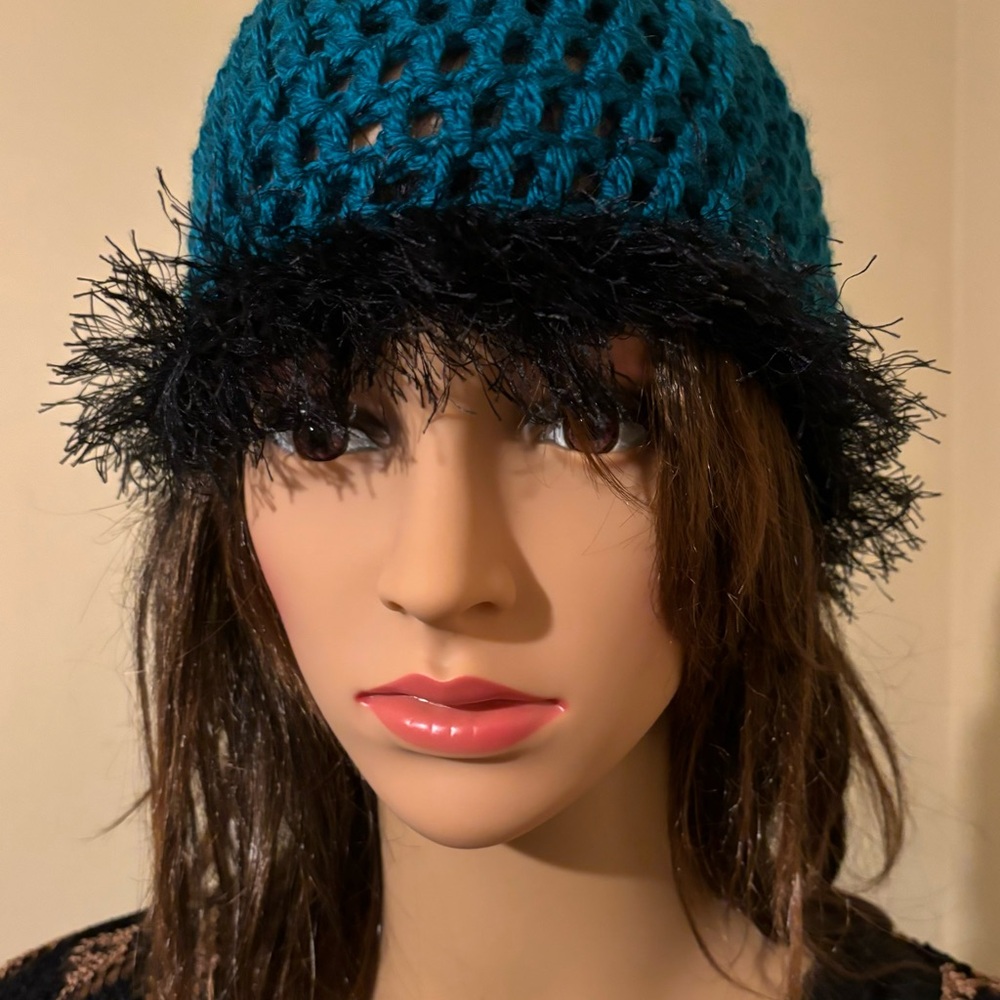 Teal Blue Beanie Hat with Black Fur Trim